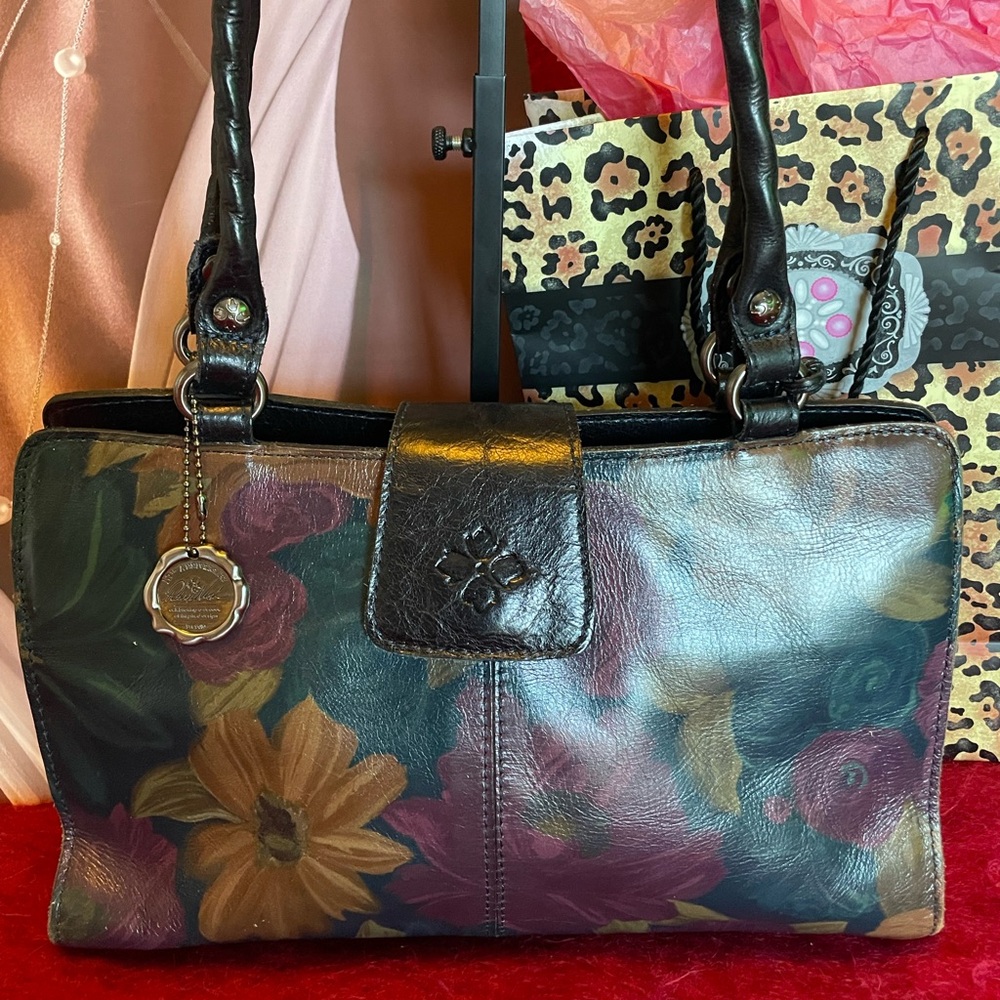 PATRICIA NASH VINTAGE LEATHER PINK & YELLOW GOLD FLORAL PRINT SHOULDER HANDBAG